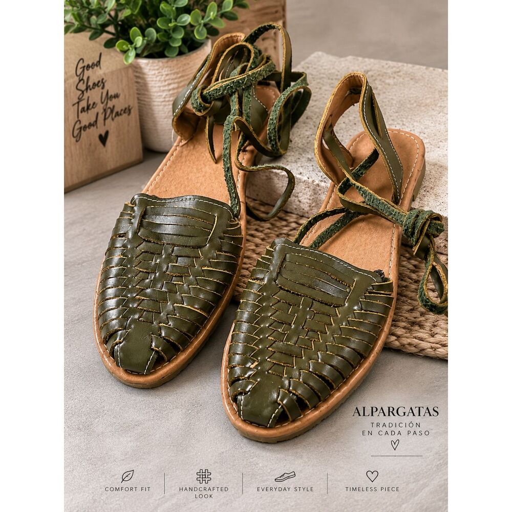 NEW Mexican Huarache Sandals Women Size 6 Olive Green Woven Lace Up León Mexico